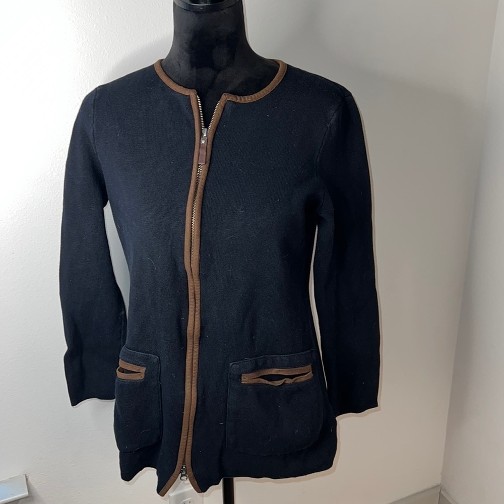 LAUREN Ralph Lauren 100% cotton black / brown trim‎ zip up jacket Sz M